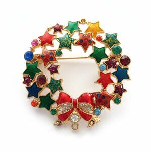 Christopher Radko Enamel Wreath Brooch Signed Gold Tone Stars & Bow Vintage